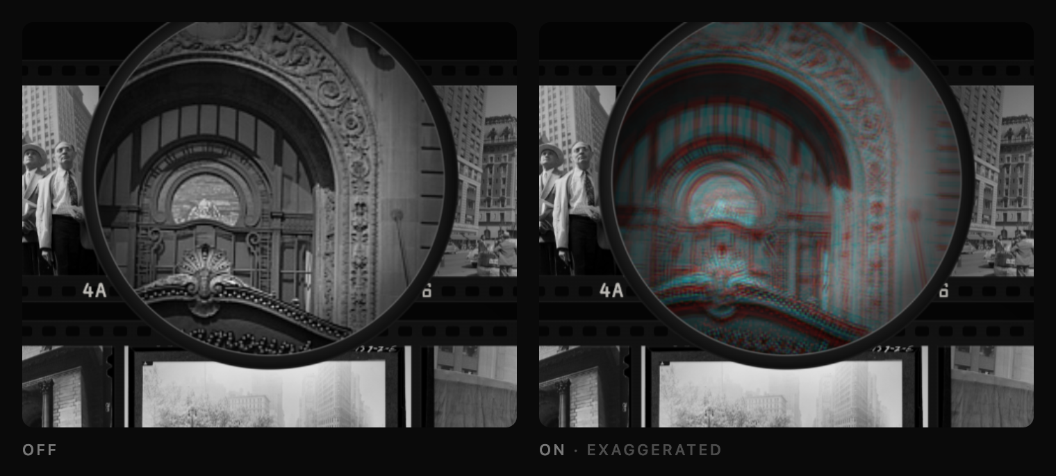 Axial color off and on (exaggerated), caught mid-push: warm fringes while the glass moves in.