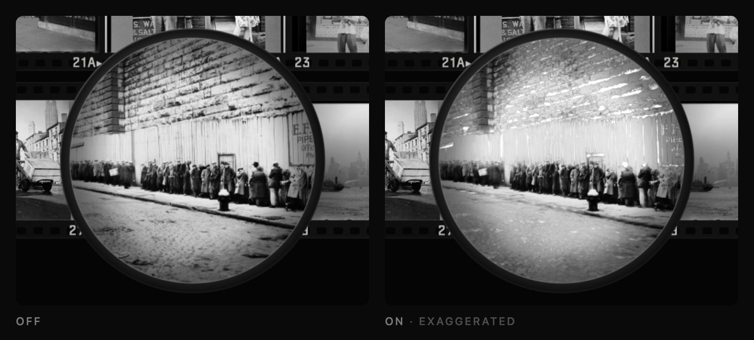 Spherical aberration off and on (exaggerated): the bright wall bleeds a soft halo over its edges.
