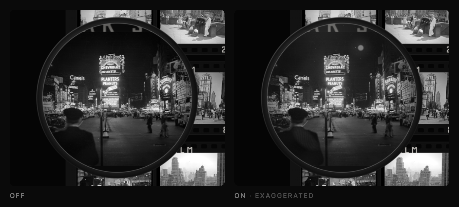 The surface off and on (exaggerated): stronger reflections at the rim, lamp and window highlights, and a smudge.